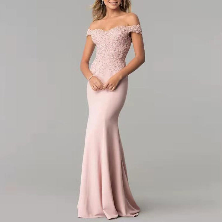 Light Pink V-Neck Off Shoulder Lace Embroidered Prom Dress