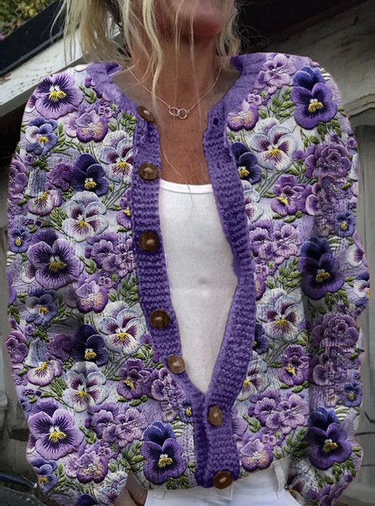 Flowers Embroidery Pattern Cozy Knit Cardigan