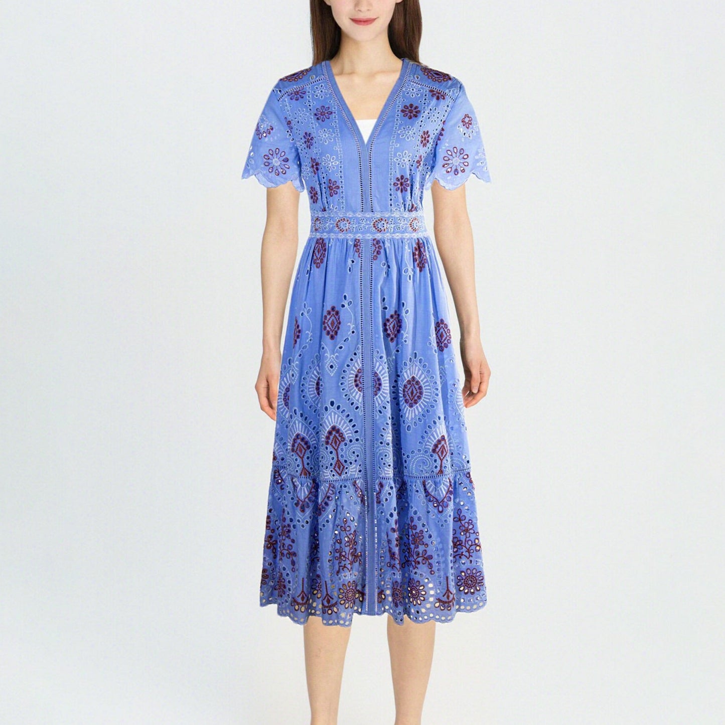 Exotic Cutwork Embroidery Casual Midi Dress