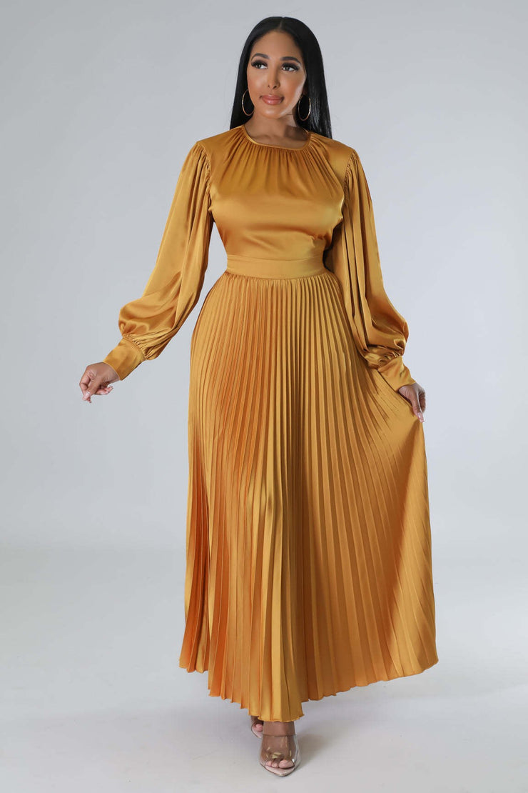 Pleated Round Neck Ankle-Length Pullover Winter Maxi Dress