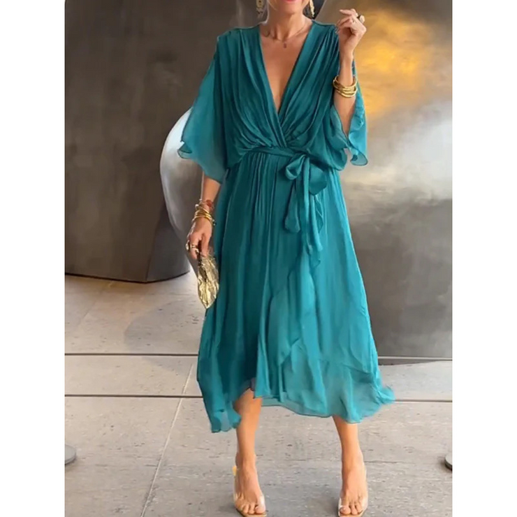 Elegant Chiffon Deep V Neck Belted Long Dress