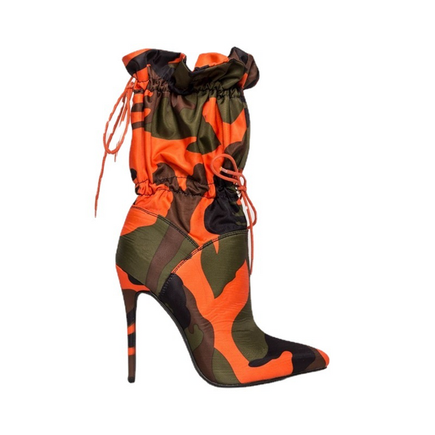 Camouflage Print Stiletto Lace Up Ankle Boots