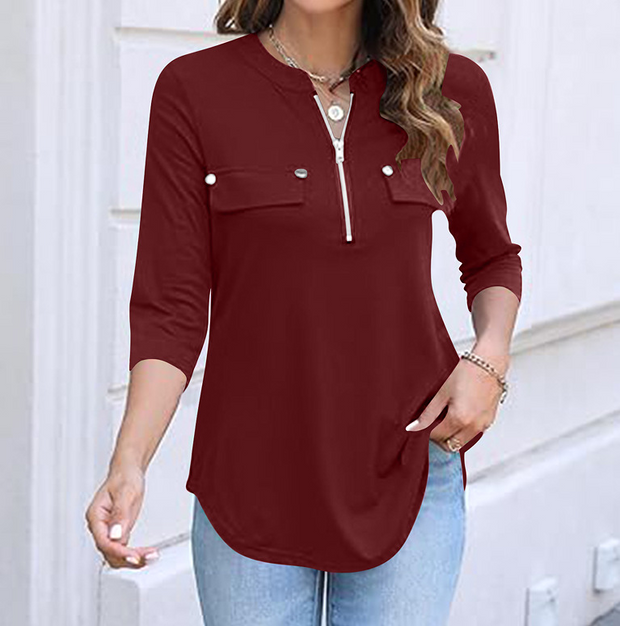 Zipper Split Neck Long Sleeve Shirt