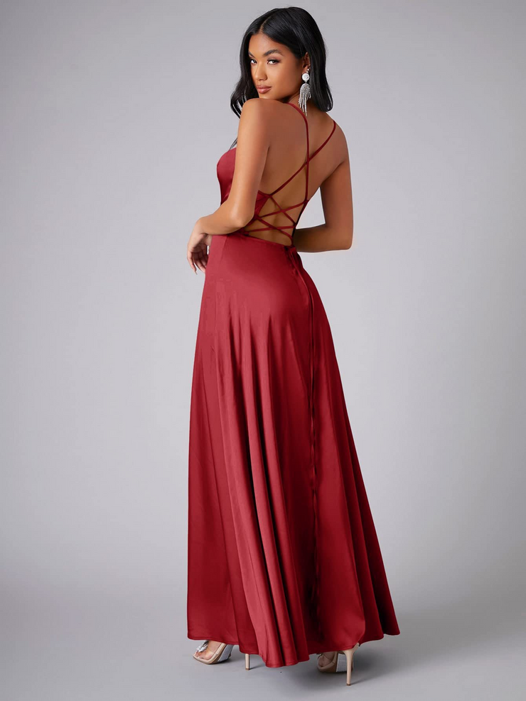 Satin A-Line Sleeveless Front Slit Prom Dress