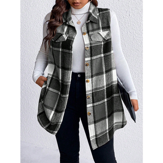 Patchwork Plaid Sleeveless Shirt Collar Waistcoat