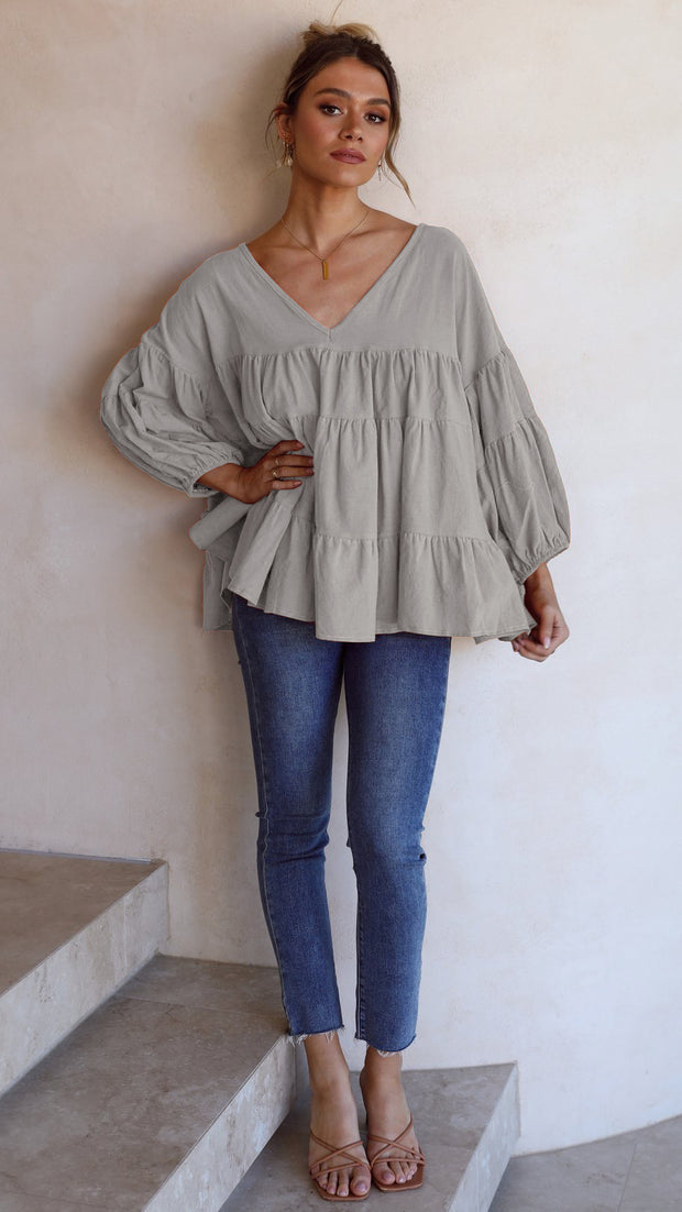 Oversized V-Neck Casual Sweet Loose Tiered Top