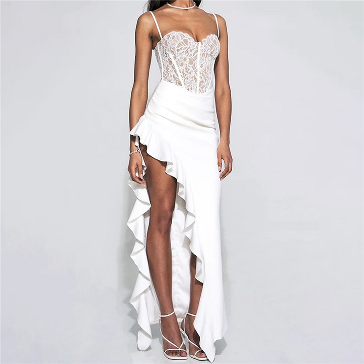 White Lace Patchwork Ruffle Slit Maxi Dress