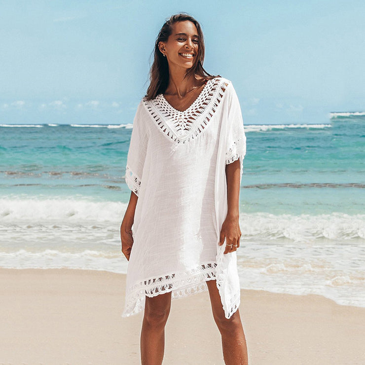 White Weave Design Patchwork Beach Cover Up