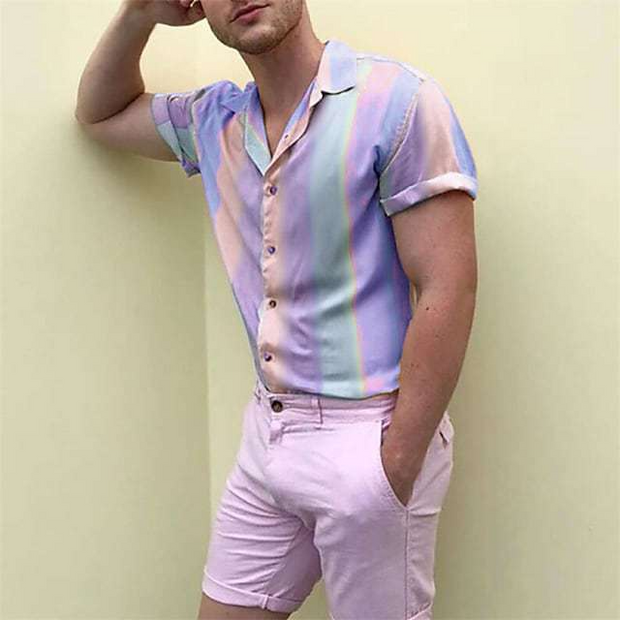 Collared Short Sleeves Rainbow 3D Printed Shirt