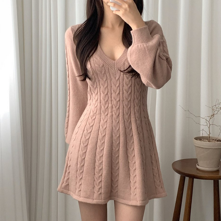 V Neck Long Sleeve Sweater Dress