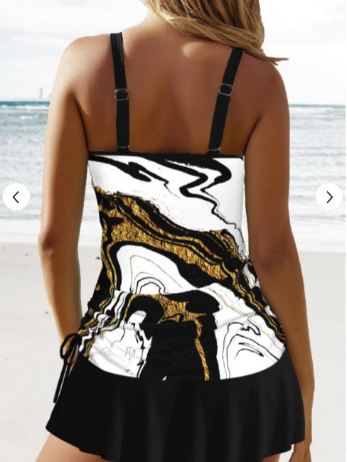 Circular Ring Marble Print Black Tankini Set