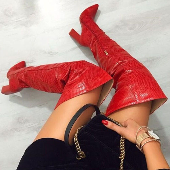 Snakeskin Pointy Toe Chunky Heel Over The Knee Boots