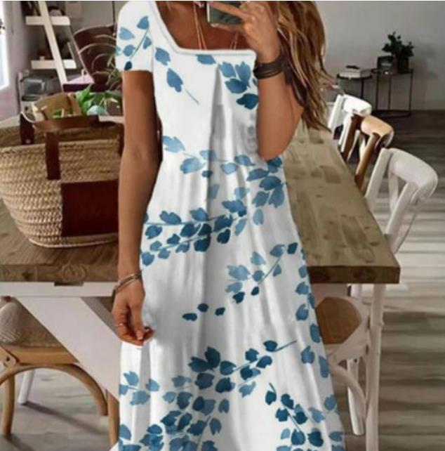 White Casual Plants Loose Square Neck Maxi Dress