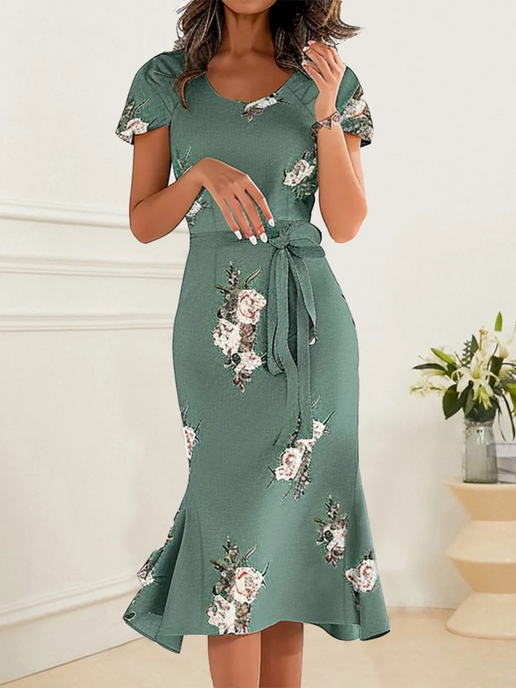 Crew Neck Short Sleeves Floral Printed Midi Dress