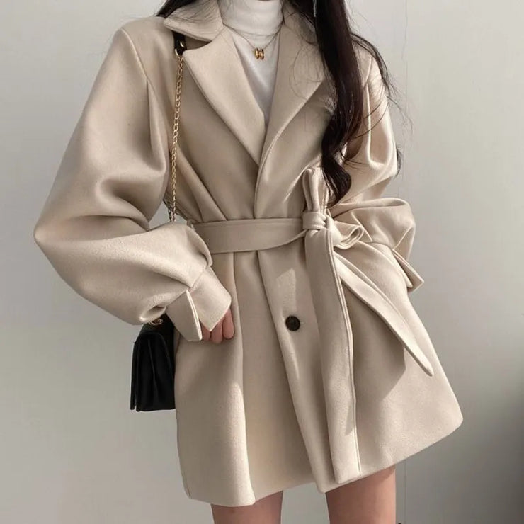 Puff Sleeve Belted Woolen Coat