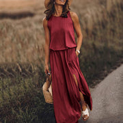 Women's Round Neck Solid Cotton-Blend Boho Maxi Dress