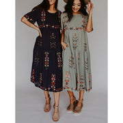 Round Neck Short Sleeves Floral Embroidered Elegant Midi Dress