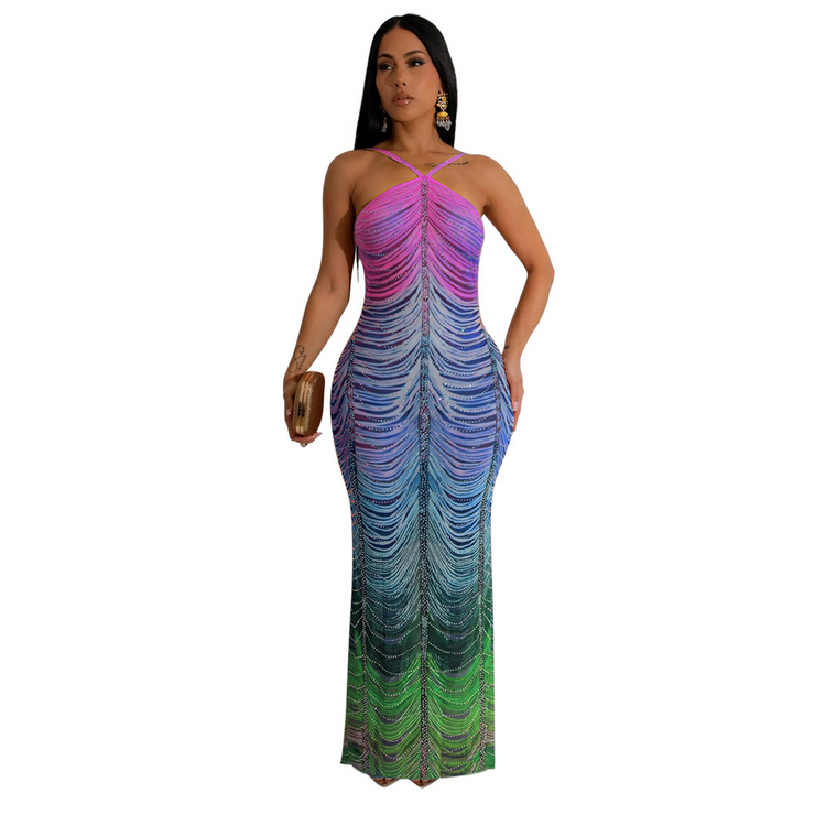 Rainbow Sleeveless Rhinestone Embellished Maxi Dress