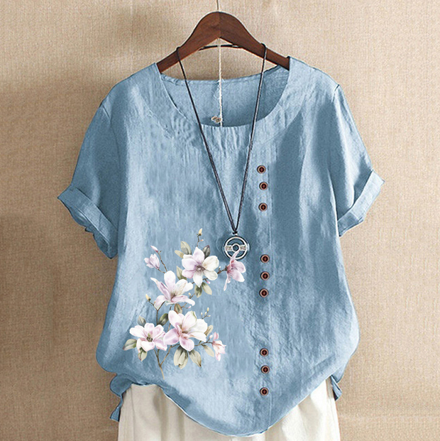 Round Neck Floral Printed Casual Blouse