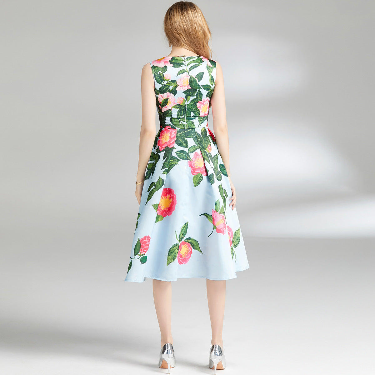 Minty Floral Printed Tie-Strap Midi Dress