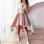 Bisque Satin Lace Applique Short Prom Dress