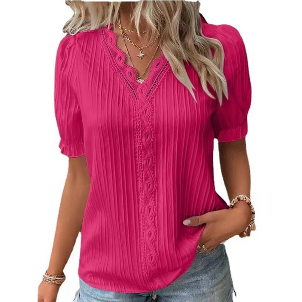 Plain V Neck Half Sleeves Loose Blouse