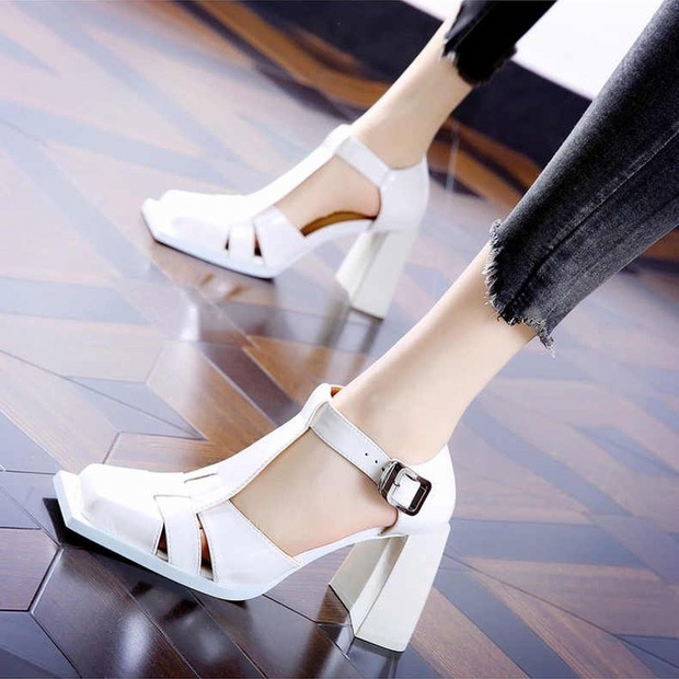 Faux Leather Buckle Strap Square Heel Sandals