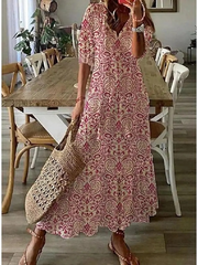 Printed Lace Boho Chic Long Dress with Ruffles