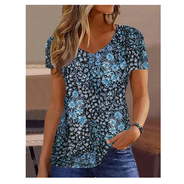 Loose V Neck Short Sleeves Floral Top