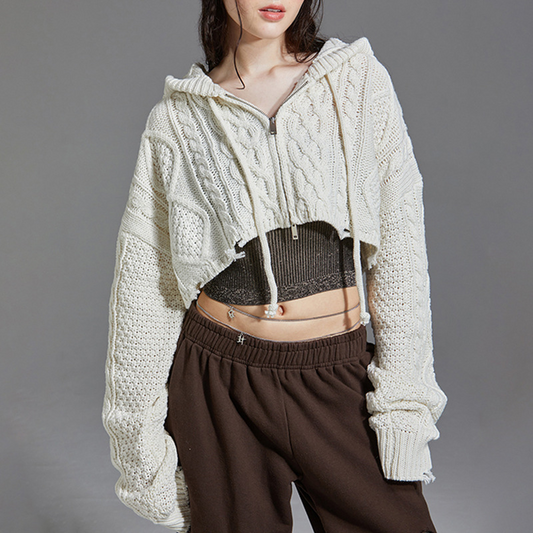 Hooded Destroyed Zip Up Knit Cardigan