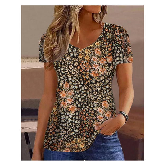 Loose V Neck Short Sleeves Floral Top