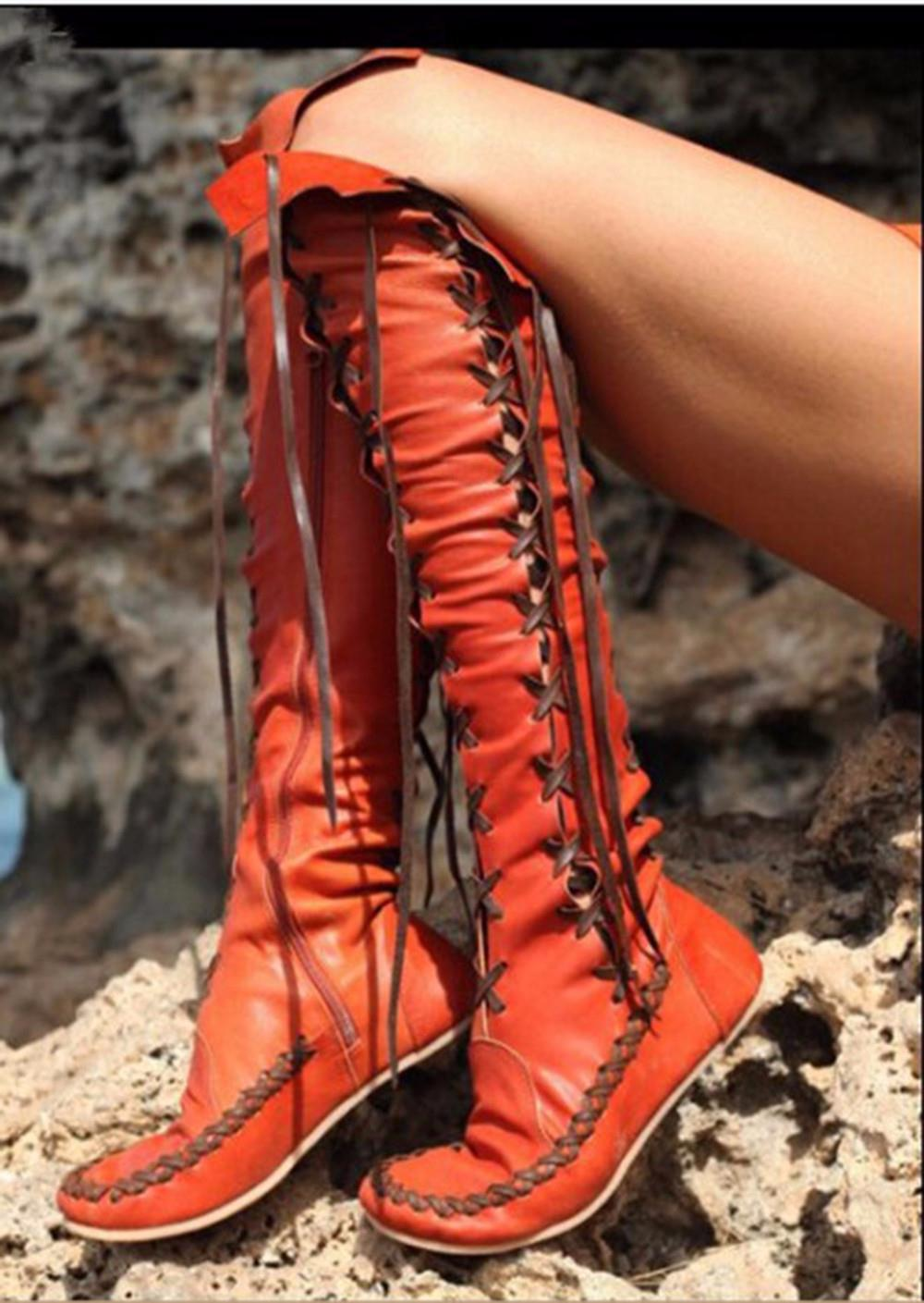 Round Toe Lace Up Flats Strappy Knee High Boots