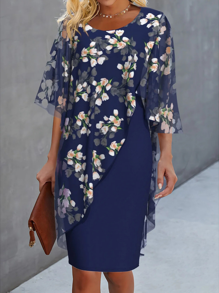 Floral Printed Crew Neck Long Sleeves Dress