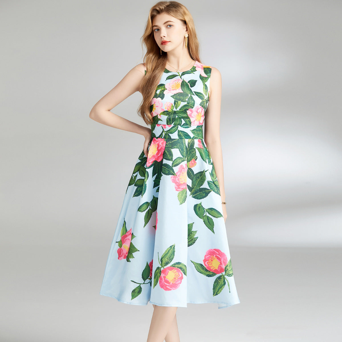 Minty Floral Printed Tie-Strap Midi Dress