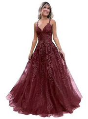 Lace V Neck Sleeveless Long Prom Dress