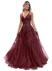 Princess V-Neck Tulle Glitter Appliques Lace Ball Gown Prom Dress