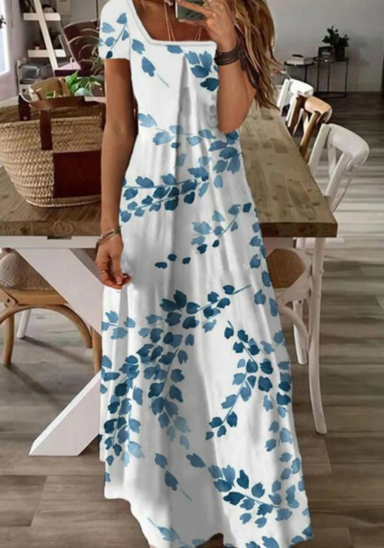 White Casual Plants Loose Square Neck Maxi Dress