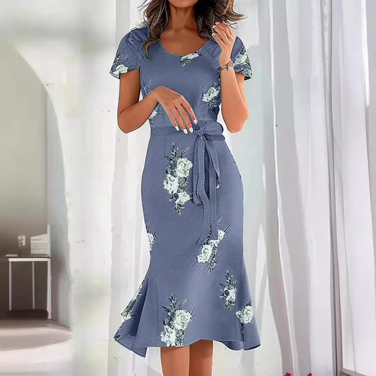 Crew Neck Short Sleeves Floral Printed Midi Dress