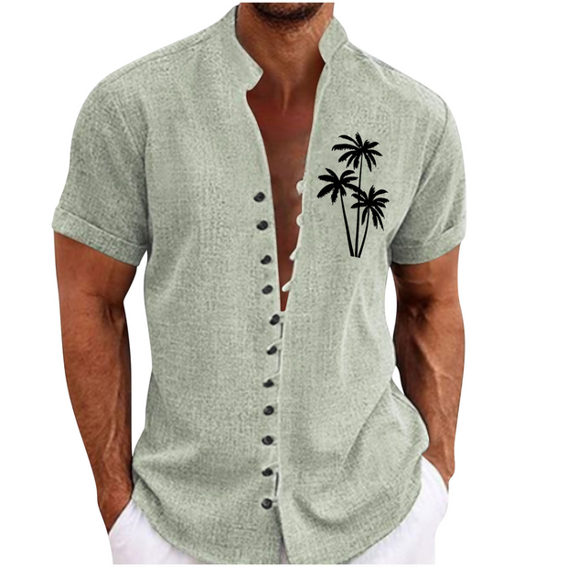 Stand Collar Coconut Tree Printed Casual Shirt