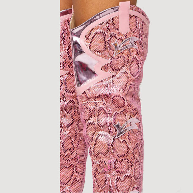 Leather Chunky Snake Pattern Pointed Toe Over The Knee Thigh High Boots