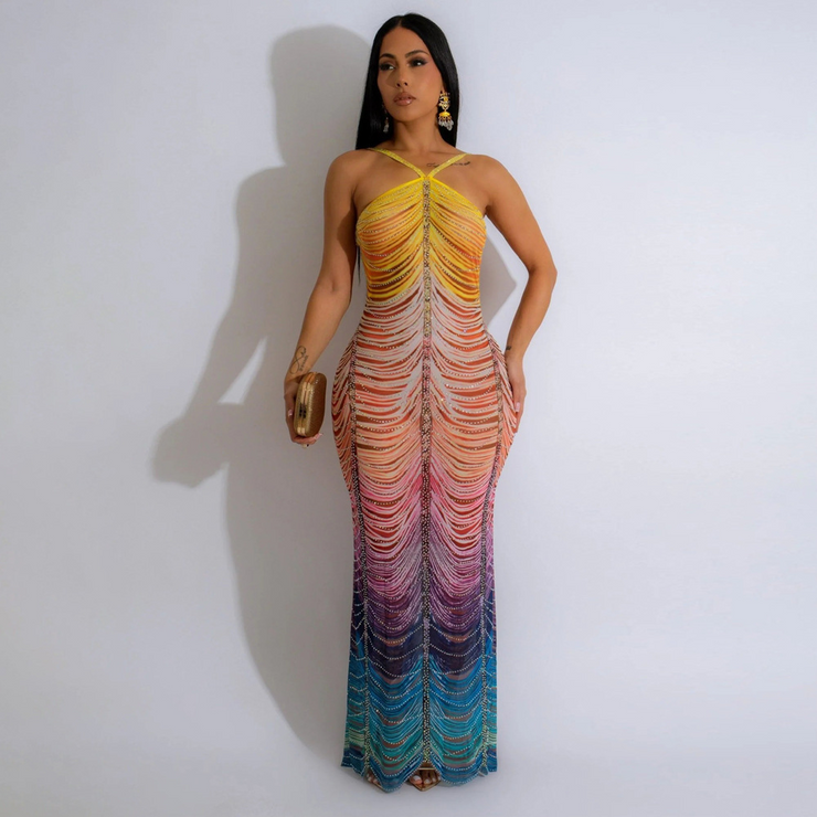 Rainbow Sleeveless Rhinestone Embellished Maxi Dress