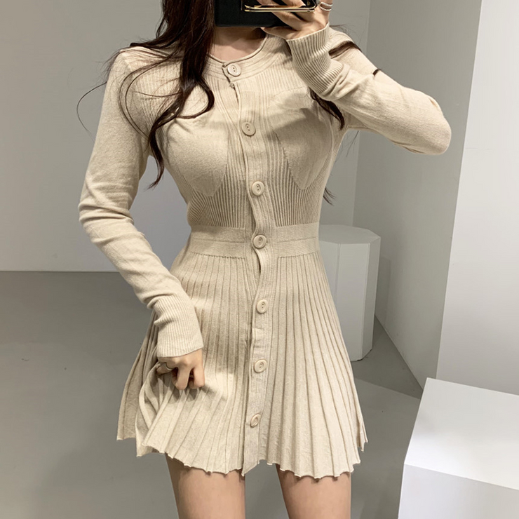 Ribbed Long Sleeve Round Neck Button Down Pleated Dress