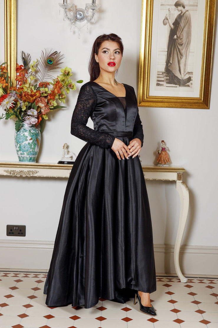 Black Satin V-Neck Lace Embroidered Long Sleeve Prom Dress