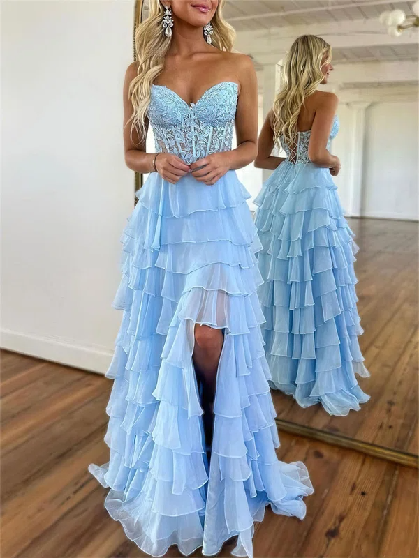 A Line Strapless Sleeves Lace Applique Prom Dress