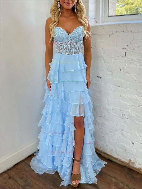 A Line Strapless Sleeves Lace Applique Prom Dress