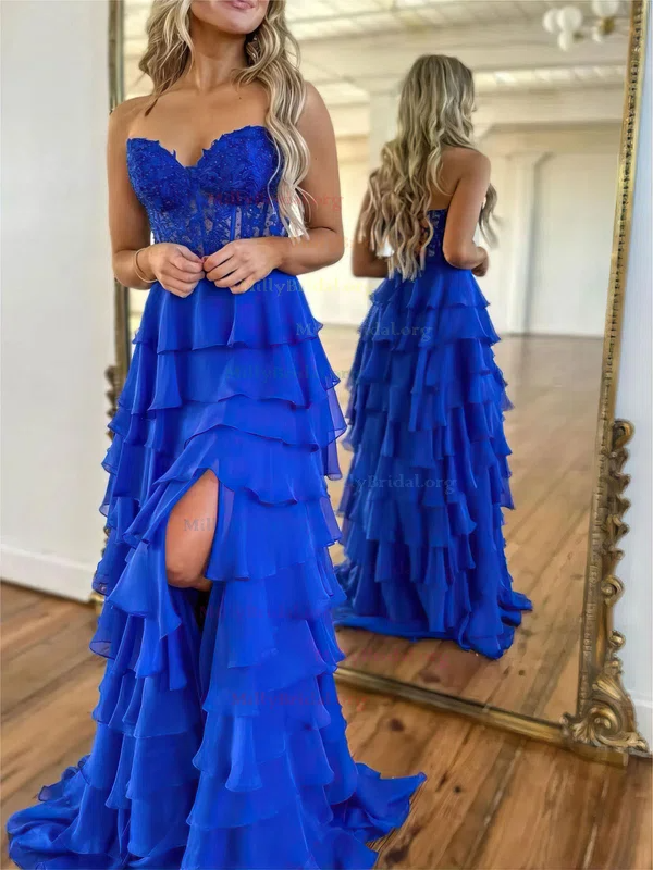 A Line Strapless Sleeves Lace Applique Prom Dress