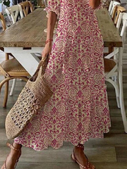 Boho Pink Printed V Neck Short Sleeves Casual Dress