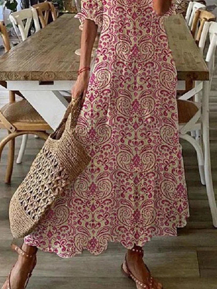 Pink Boho V Neck Tribal Floral Short Sleeve Woven Dress