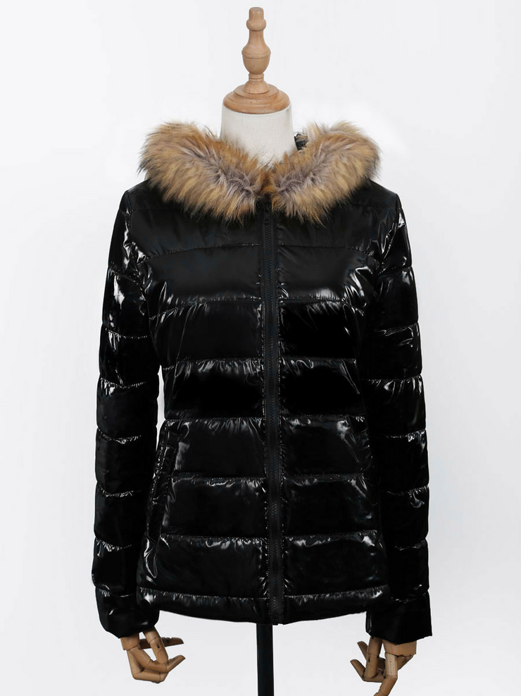 Black Hooded Faux Fur Puffer Winter Coat