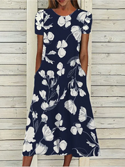 Navy Floral Printed Short Sleeves Casual Dress